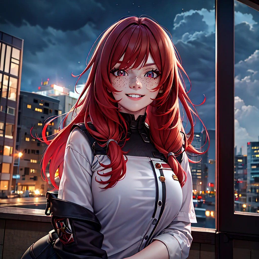 A girl with red hair, Lolita hairstyle, freckles on her face, pale skin, smiling, in a stormy city, wearing soldier's clothing, with a moon in the background, high-quality 4K image, (((pechos grandes)))