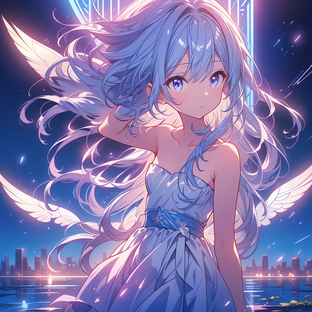 starの妖精、cute、Fairy Wings、視聴者に向かってfrontの絵、Highest quality、Masterpiece、Official Art、The best dynamic composition、star、universe、流star群、xcdd, One girl, alone, dress, water遊び, star \(symbol\), Long Hair, Skirt Hold, water, white dress, Bare shoulders, null, night, Shine, blue eyes, Are standing, profile, Bare arms, Shine, Strapless, Braiding, star \(null\), Strapless dress, Outdoor, night null, avert your eyes、kejidengguang、background：Neon geometric patterns、front、