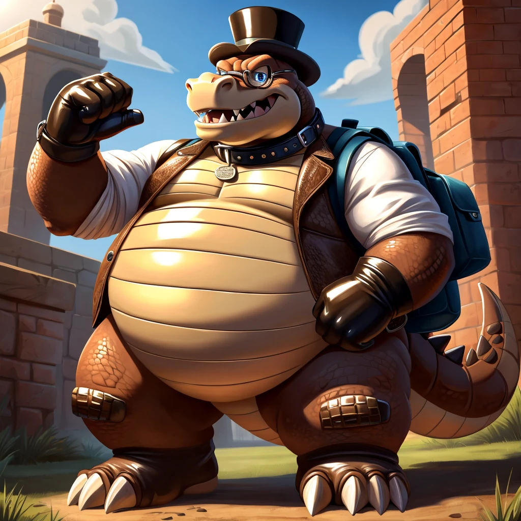 Solo, Male, fat, extremely obese, gentleman, dapper Professor Dingodile, blue eyes, (posing:1.3), (soft shading), 4k, hi res, ((detailed face, detailed)), looking at viewer, mouth wide open, steampunk, collared shirt with buttons, top hat, male focus, Explorer Outfit, glasses, monocle, bag, vest with buttons, backpack, sleeves rolled up, round eyewear, brown headwear, brown vest, Dingodile is wearing a glossy leather dog collar around the neck, Dingodile is wearing the leather collar and shirt and vest at the same time, Dingodile is wearing glossy white rubber gloves on the hands, wearing white rubber gloves on the feet, gloves are rubber in texture, clenching teeth, clenching fists, leather collar is glossy and shiny with a lot of detail, Dingodile is wearing gloves and leather collar at the same time, leather collar has a round dog-tag, leather collar is thick and detailed.