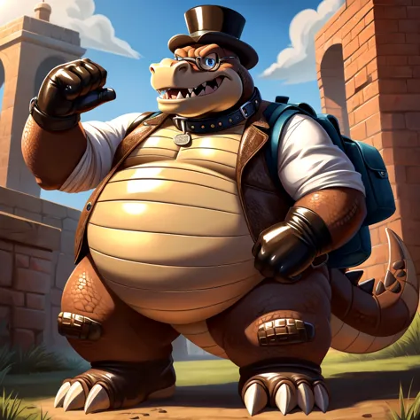 Solo, Male, fat, extremely obese, gentleman, dapper Professor Dingodile, blue eyes, (posing:1.3), (soft shading), 4k, hi res, ((...