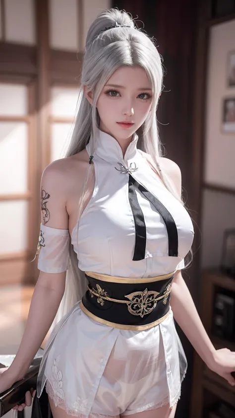 White-haired girl, High Ponytail发型, Sports Tops, Oversized bust, Succubus, (((Succubus tattoo on lower abdomen))), Transparent S...