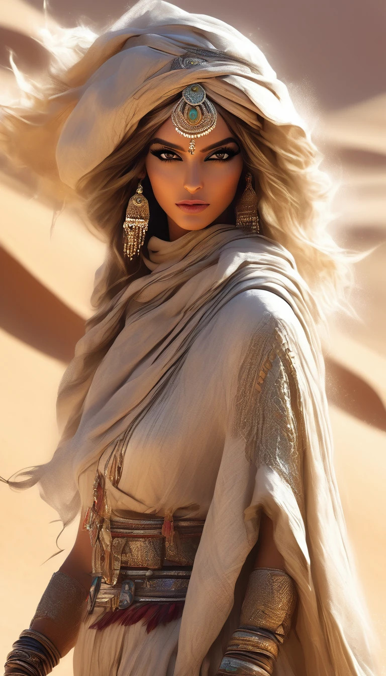 Princesse du désert:1.5 Arafed vêtu de vêtements arabes marchant dans le désert, Style par Raymond Swanland, société cg corps entier,20 ans. Ô fille modèle, [ tendance dans la société cg ]!!, tendance dans Artstation HD, chef d&#39;oeuvre de la société cg, société cg 9, coléoptère julie artgerm, tendance dans Artstation 4k