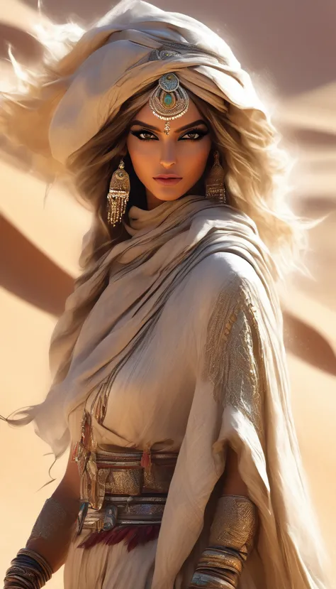 desert princess:1.5 Arafed dressed in Arab clothing walking through the desert, Style by Raymond Swanland, full body cg society,...
