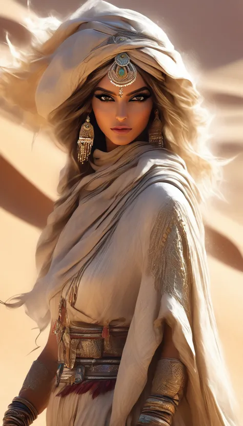 desert princess:1.5 arafed dressed in arab clothing walking through the desert, style by raymond swanland, full body cg society,...