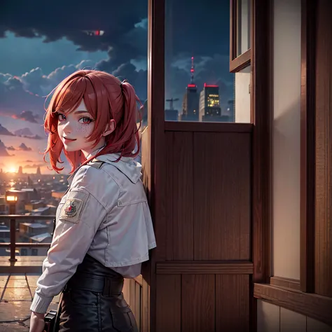 a girl with red hair, lolita hairstyle, freckles on her face, pale skin, smiling, in a stormy city, wearing soldier's clothing, ...