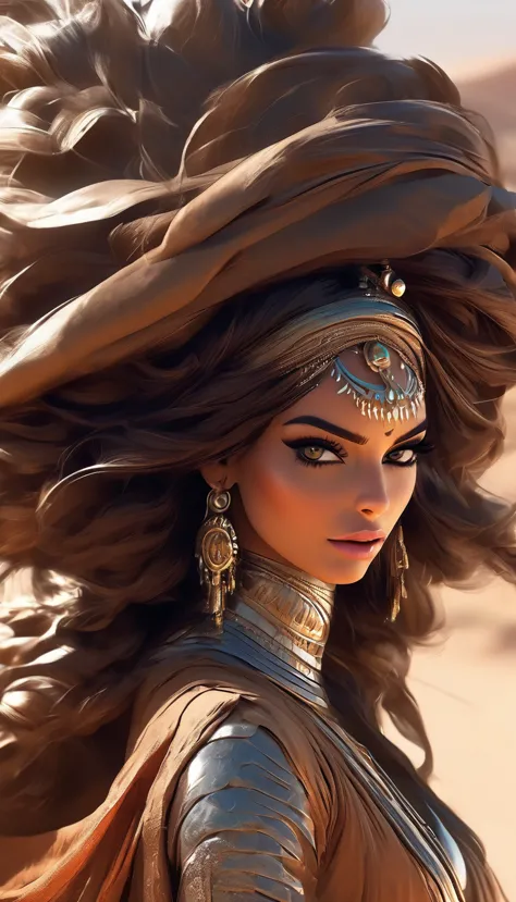 plano general, whole body, desert princess:1.5 Arafed dressed in Arab clothing walking through the desert, Style by Raymond Swan...