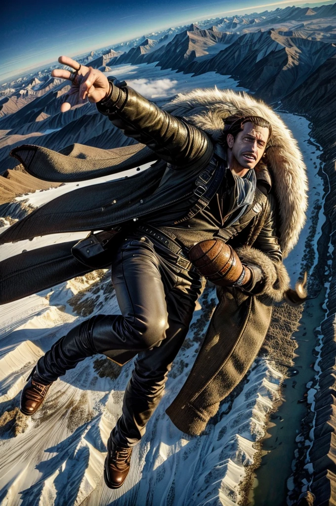 masterpiece, best quality, extremely detailed, hyperrealistic, photorealistic, a cool 40s man, ultra detailed face:1.2, fur-trimmed coat, scarf around the neck, his left hand is a golden pirate hook:1.1, cigar, skydiving:1.3, flying, floating, aerial view shot, frozen island, giant snow moutain, covered with ice