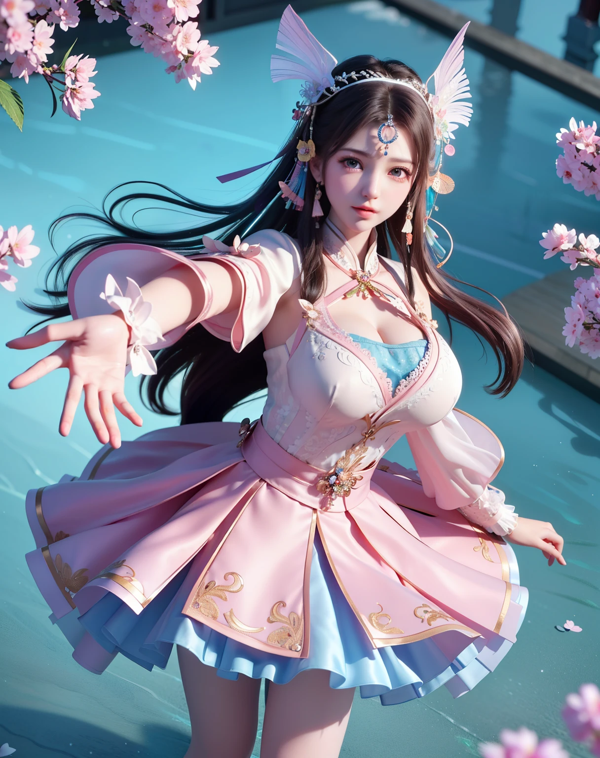 (8k, RAW photo:1.2), best quality, ultra high res,dramatic angle,(fluttered detailed color splashs), (illustration),(((1 girl))),(long hair),(rain:0.9), (Headdress:1.4),There is an ancient palace beside the girl,Hanfu,(Key Points),Color ink painting,(Splash of Color),Splash of Color,(((colorful))),(sketch:0.8) , Masterpiece, best quality, beautiful painted, highly detailed,(denoising:0.6),[splash ink],((ink refraction)), (beautiful detailed sky),moon,highly,detaild,(masterpiece, best quality, extremely detailed） CG Unity 8k Wallpaper，masterpiece，best quality，Ultra Detailed），（Lycoris）.shoulder ballet dress open V-chested clothes Thin silk lace dress short skirt , (huge ，cleavage),, white pink, blue ，best qualtiy，tmasterpiece，Ultra-high resolution，（Reality：1.4），RAW photogr，（True skin texture：1.3），（filmgrain：1.3），（Selfie angle），1个Giant Breast Girl，Beautiful eye and face details，tmasterpiece，Best quality at best，，The chest more exposed， detailed hair, bra pink , detail 8k, full body, lace petticoat, lying on bed