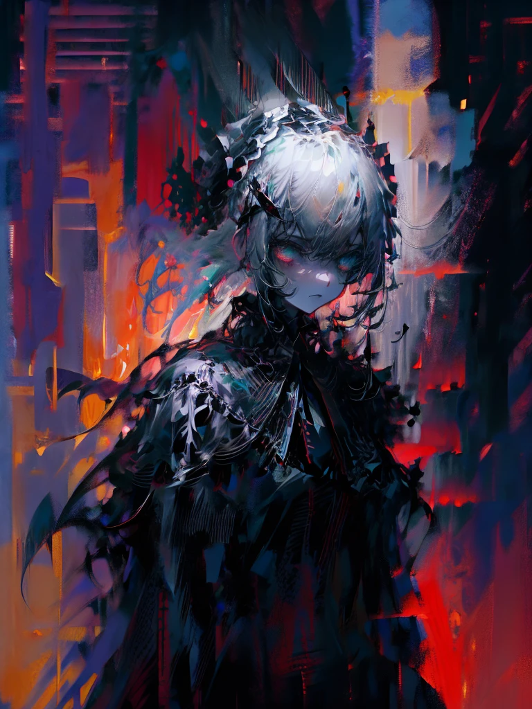 (a girl with) Aura-like gothic lighting, realistic Gothic-style artwork, detailed skeleton impaling itself with a sword in the neck, dark atmospheric background, high-res masterpiece:1.2, ultra-fine painting, professional, vivid colors