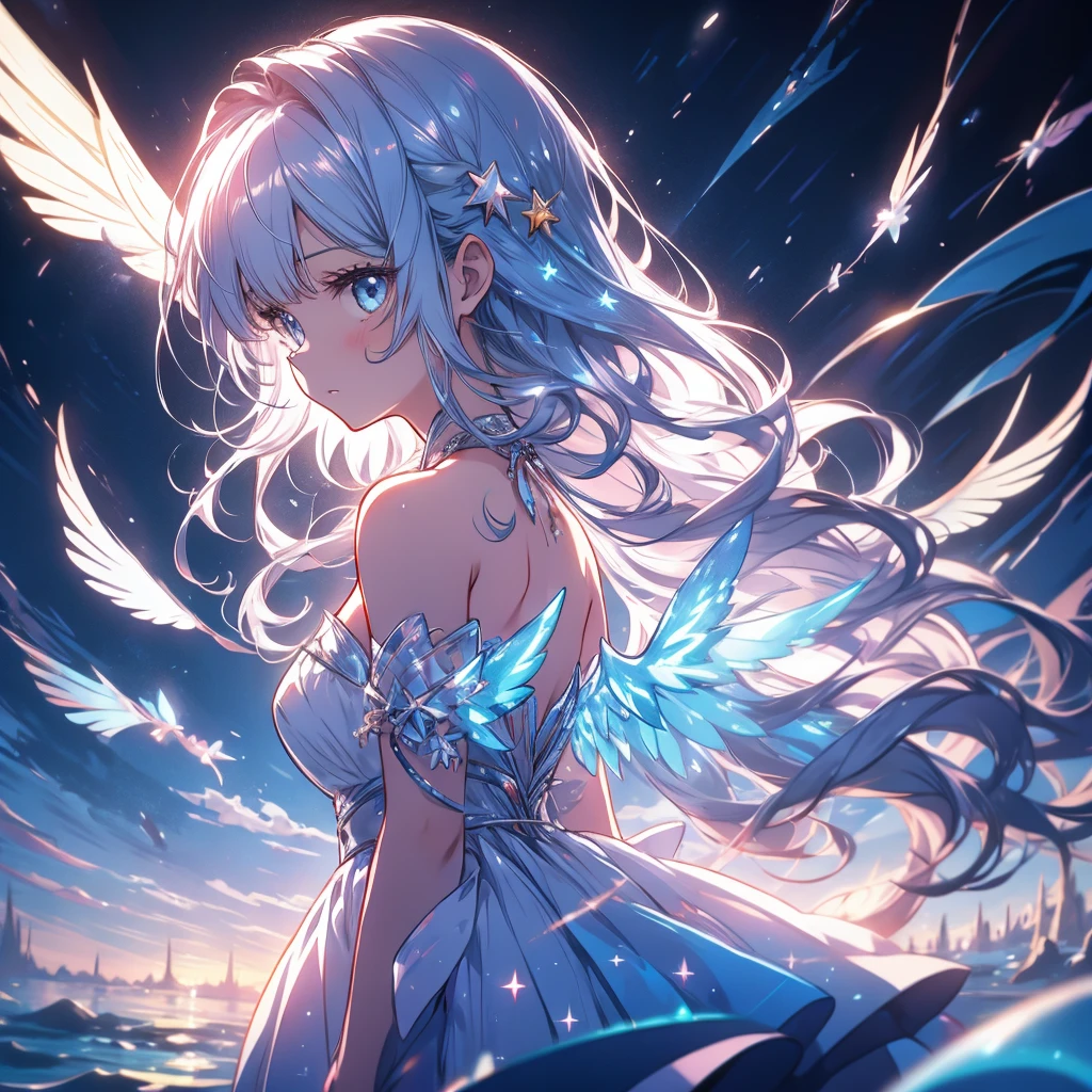 starの妖精、cute、Fairy Wings、視聴者に向かってfrontの絵、Highest quality、Masterpiece、Official Art、The best dynamic composition、star、universe、流star群、 One girl, alone, dress, water遊び, star \(symbol\), Long Hair, Skirt Hold, water, white dress, Bare shoulders, null, night, Shine, blue eyes, Are standing, profile, Bare arms, Shine, Strapless, Braiding, star \(null\), Strapless dress, Outdoor, night null, kejidengguang、background：Neon geometric patterns、front、