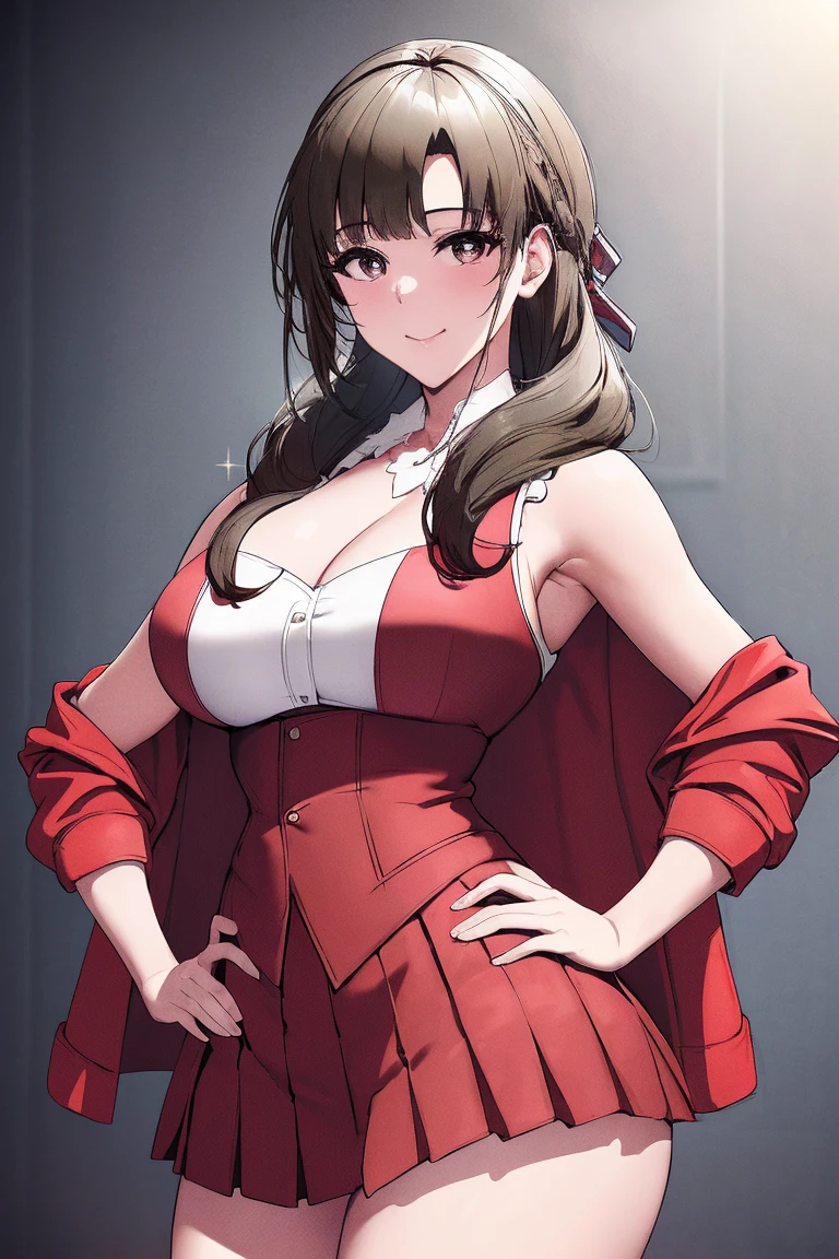 (masterpiece, the best quality:1.2), Cowboy shooting, Solitary, 1 Girl, Makoto Ohama,Charming smile, Shut up, looking at the audience,posture, Hands on Hips,Big breasts(((Large Breasts、Low-cut，Cleavage, Wide hips,)))((Long legs)),Hourglass figure, ,Headband, Osukidev, Strapless, lace up boots, army, army , pleated skirt, (Red Jacket:1.5), skirt, High Leg Raise, , white High Leg Raise, white ribbon, Buttons, (sleeveless:1.5),National Foundation,Official Art,Extremely detailed CG unity 8k wallpaper, Perfect lighting, (masterpiece:1.0),(the best_quality:1.0), Ultra-high resolution,4k,Extremely detailed, photography, 8K, HDR, High resolution, absurd:1.2, Kodak Portrait 400, Film Grain, Blurred background, Bokeh:1.2, lens flare, (energetic_color:1.2),(beautiful_Face:1.5),(narrow_waist),(Perfect hands, Perfect anatomical structure),