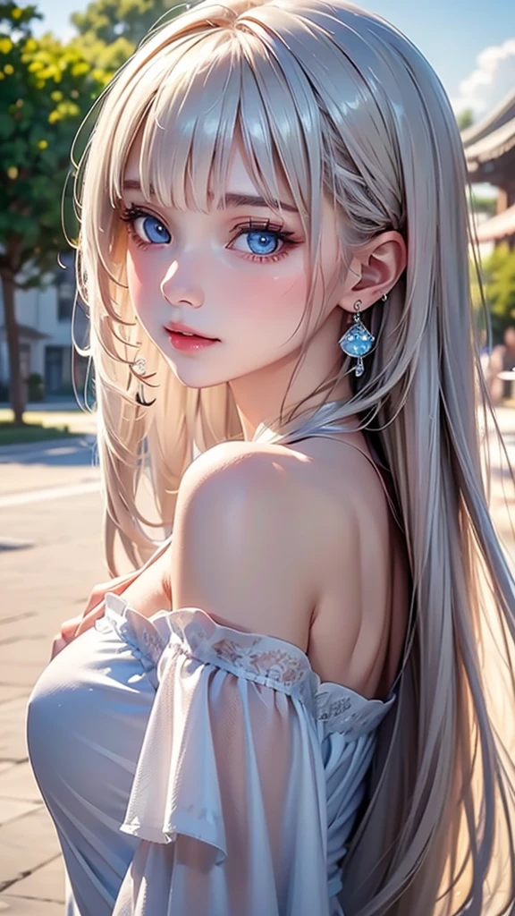 ((sfw: 1.4)), (( detailed face, cute face, detailed face, professional photography)), ((from side)), (( off-the-shoulder top)), (( Shiny platinum blonde silk hair, beautiful shiny bangs, big clear sky blue eyes, very beautiful bright eye highlights, earrings, 1 Girl)), Ultra High Resolution, (Realistic: 1.4), RAW Photo, Best Quality, (Photorealistic Stick), Focus, Soft Light, ((15 years old)), (( (young face))), (surface), (depth of field), masterpiece, (realistic), woman, bangs, ((1 girl))