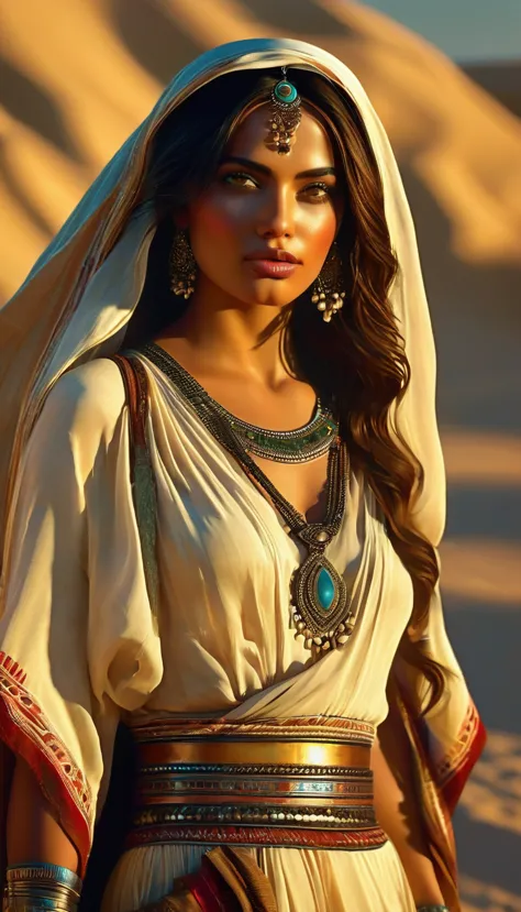 plano general, whole body, desert princess:1.5 arafed dressed in arab clothing walking through the desert, style by raymond swan...