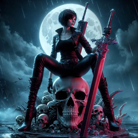 Beautiful woman in devil may cry, tight black leather outfit , Red Sword ,moon  , realistically  , High pine shoes , sitting on ...