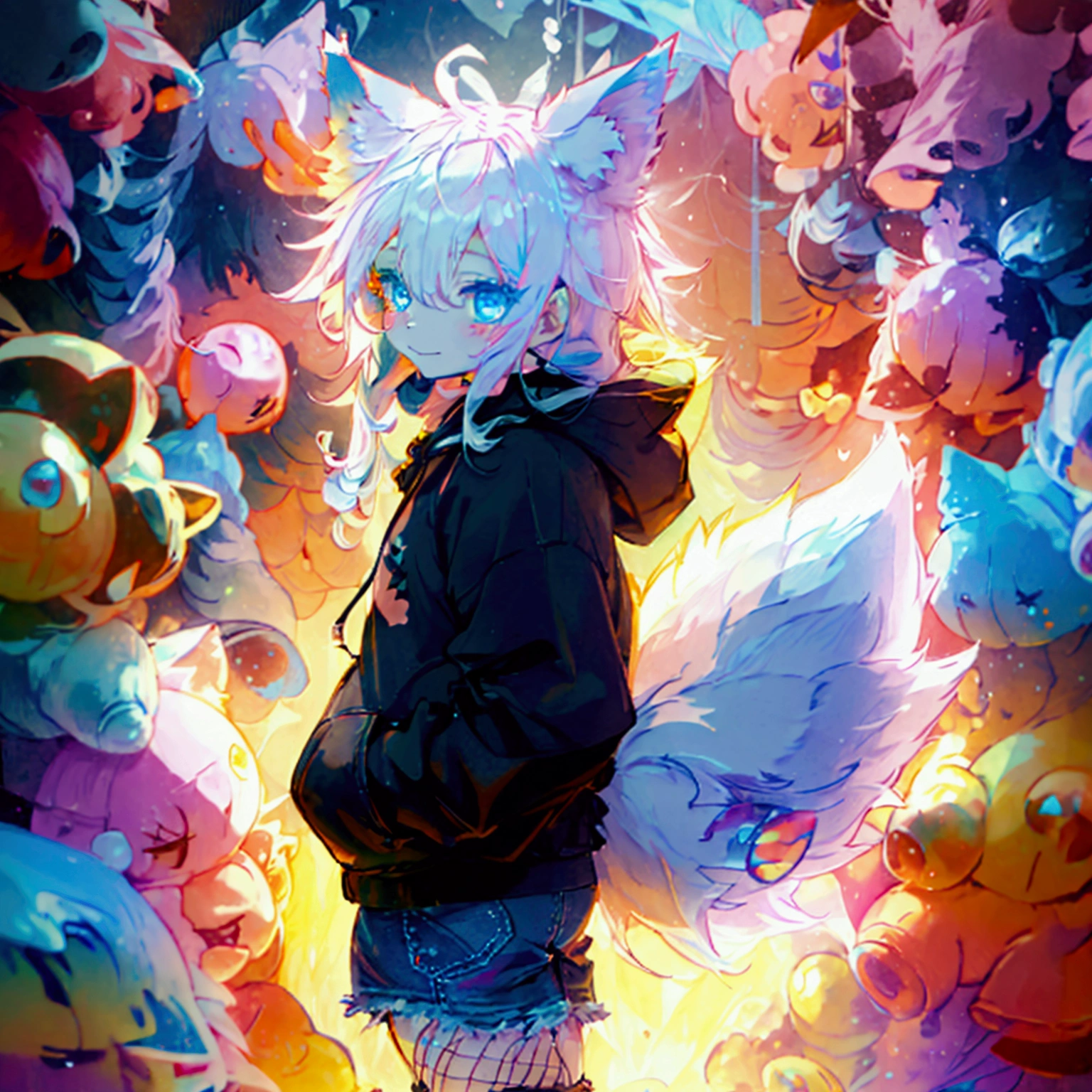 a cute adult male with wolf ears, long white hair, long locks, has a wolf tail, wearing a loose cropped black hoodie, wearing a pair of denim short shorts and fishnet stockings, thick thighs, wide hips, short, showing slender tummy, heart on hoodie, squishy thighs, has glowing blue eyes. alone, solo (ALONE)(SOLO), surrounded by rainbows, colorful galaxy backround, smiling, ontop of a pile of fluffy plushes, plushies everywhere, kawaii plushies, surrounded by bubbles, surrounded by rainbow leaves, standing up dancing, thicc thighs, has giant ears