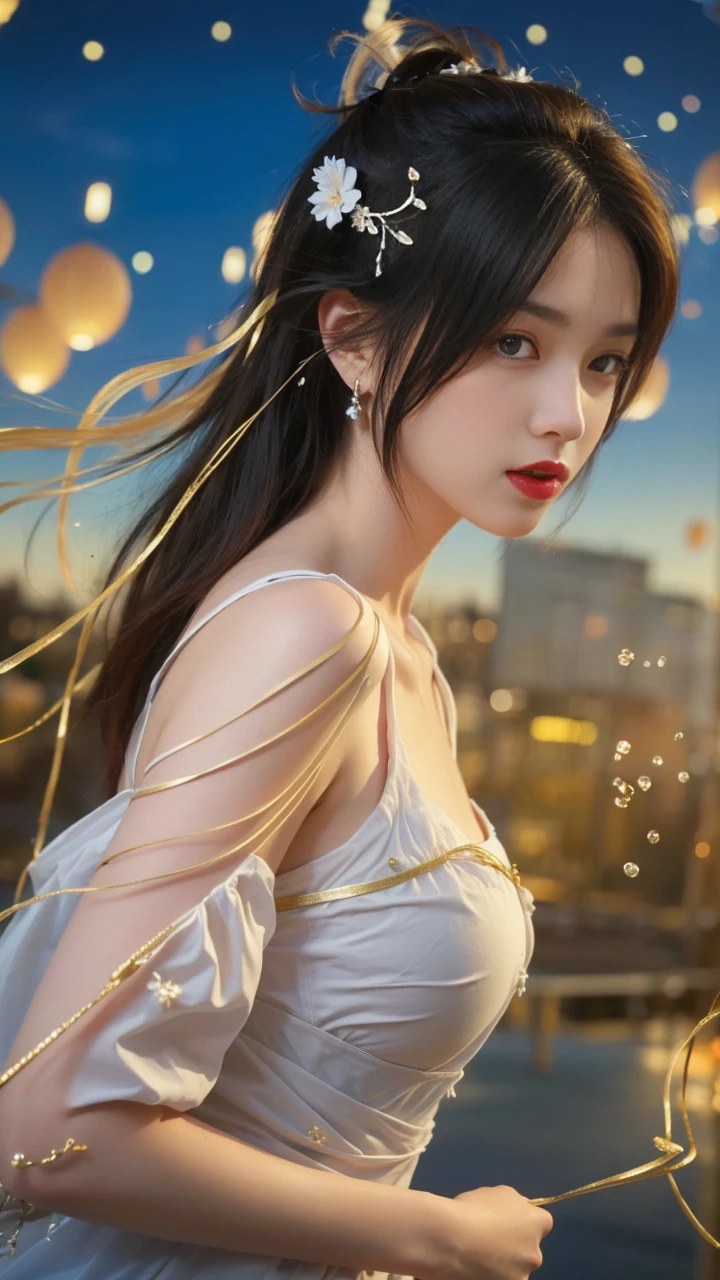 best quality, tmasterpiece,Ultra-high resolution,Clear face,（Reality：1.4），ferpect lighting，(upper body shot), (photorealistic:1.50), anime wallpaper, Guviz style artwork, cover-up fantasy up to magic , by Yang J, Guviz, beautiful artwork illustration, beautiful digital artwork, beautiful digital illustration, Li Song, beautiful anime portrait, art style in Beauvot, Lips wear thick red lipstick