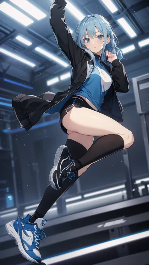 blue delicate eyes, ,sports shoes，black tights，sports jacket，hip-wrapped pants