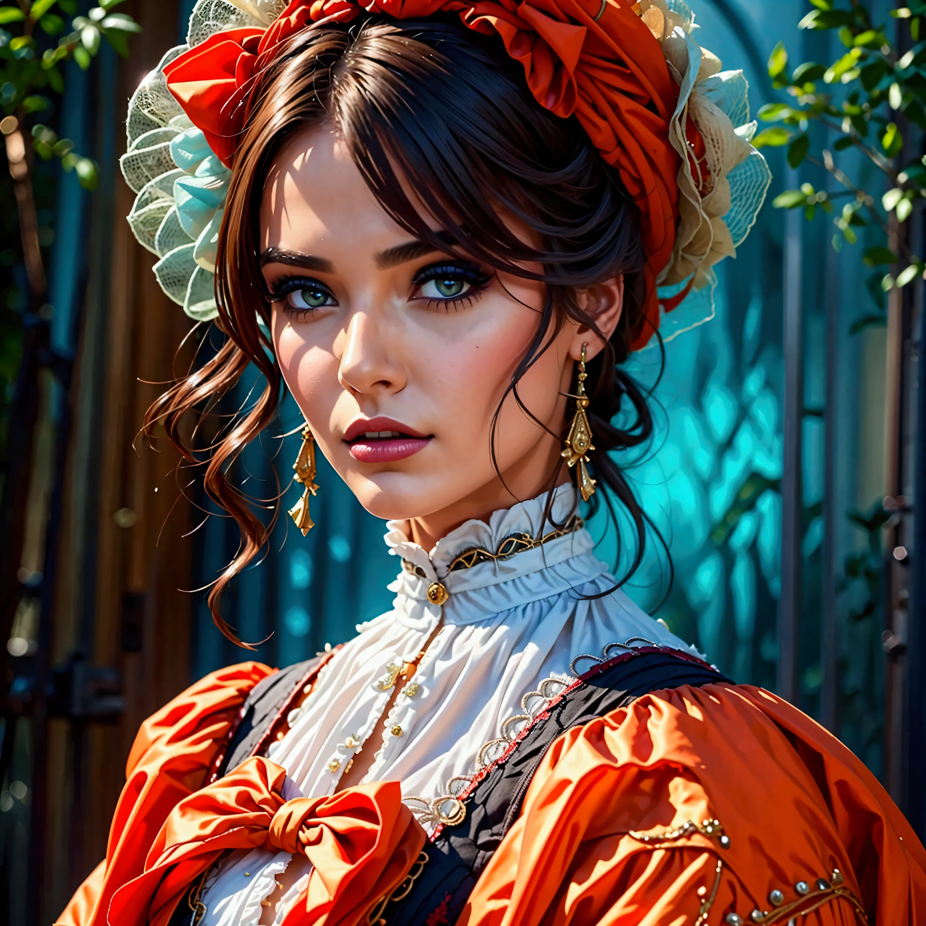 a woman in 1880s dress, a woman in 1980s outfit, a woman in 2180s futuristic outfit, masterpiece, highly detailed, photorealistic, cinematic lighting, dramatic lighting, intricate details, fashion illustration, oil painting, studio lighting, ultra-detailed