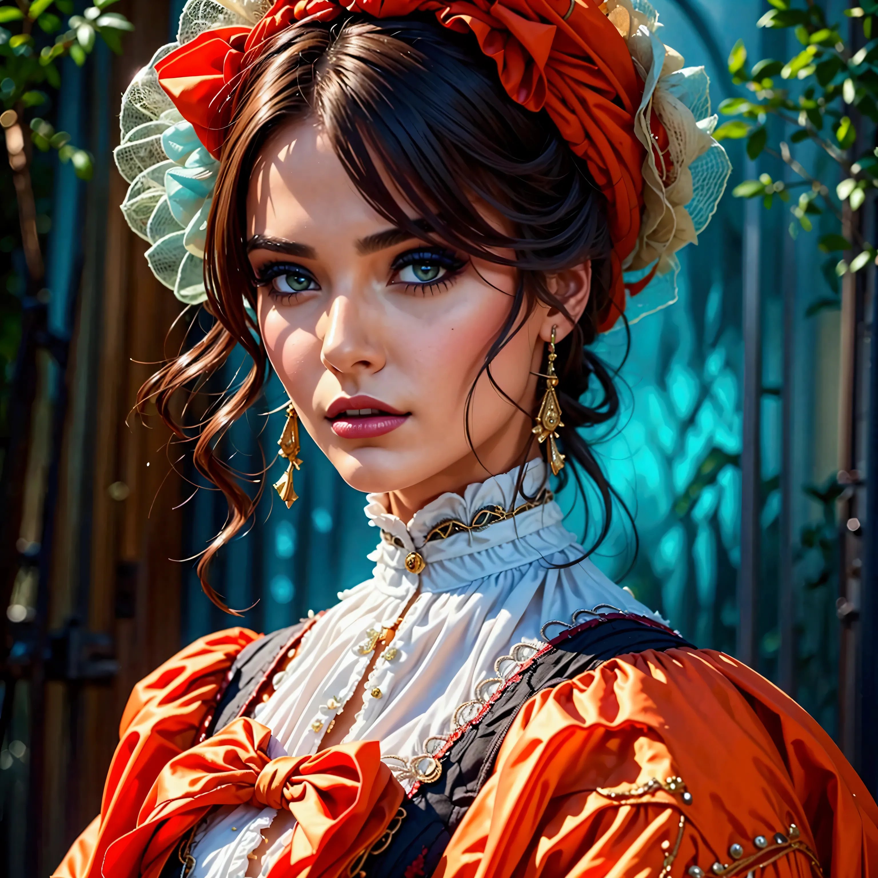 a woman in 1880s dress, a woman in 1980s outfit, a woman in 2180s futuristic outfit, masterpiece, highly detailed, photorealisti...