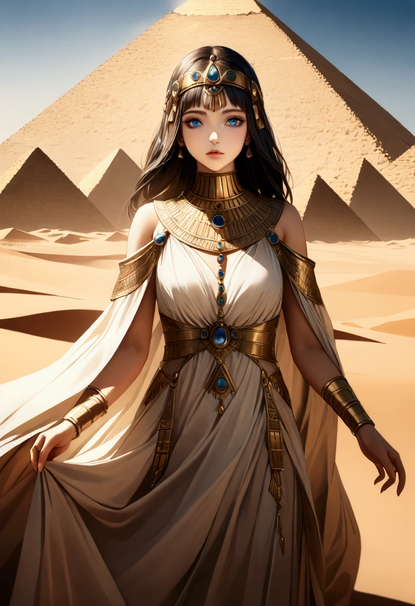 score 9, sorce photo, a young princess in egyptian style dress, looking up at the pyramids, clear blue sky, Very strong sunlight, endless desert, camel caravan, hyper detailed, cinematic lighting, 8k, highly detailed face and eyes, intricate ornate jewelry, flowing fabric, masterpiece, 