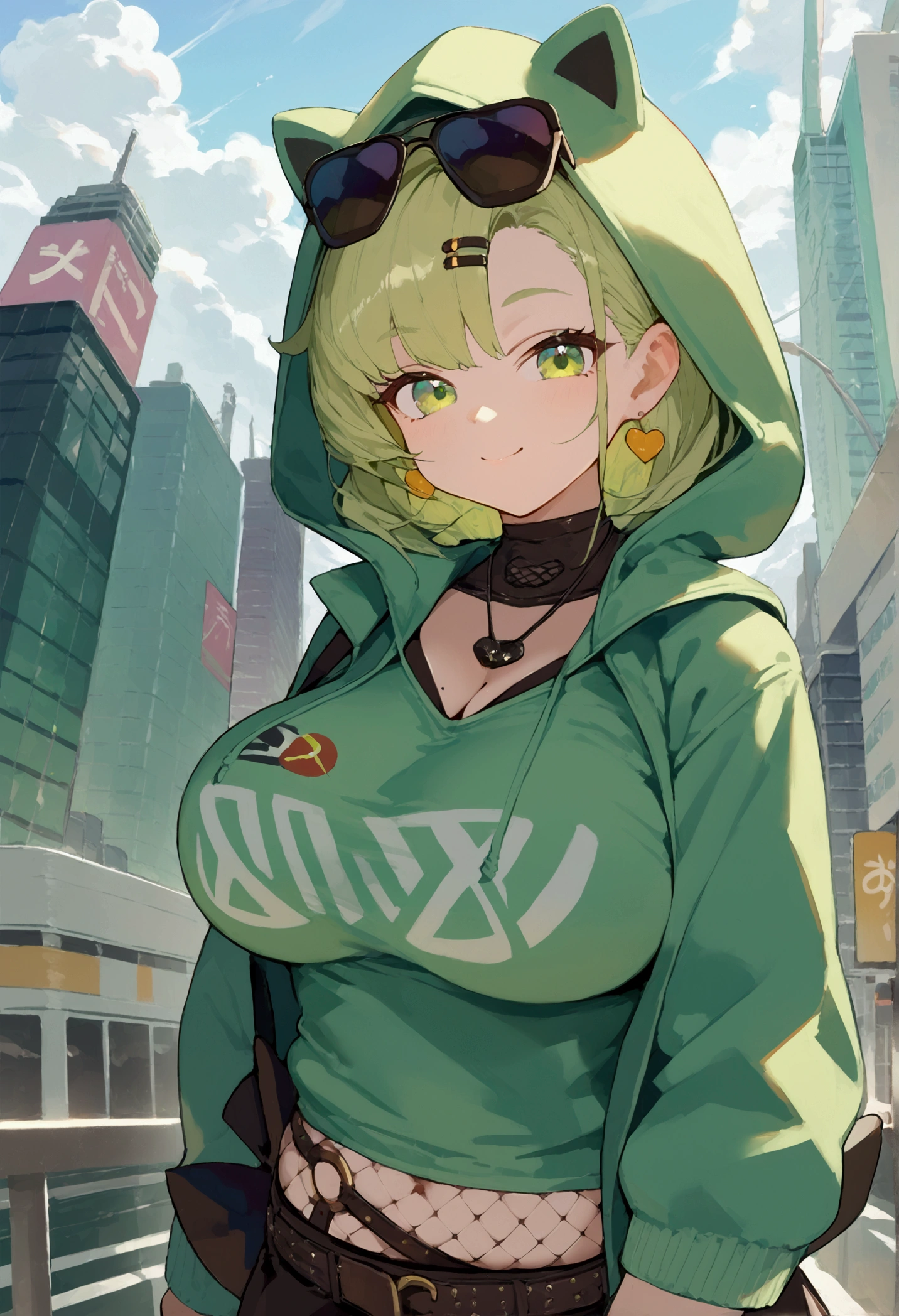 score_9, score_8_up, score_7_up, source_anime, looking at viewer, looking down, cowboy shot, Ncle, green eyes, mole under eye, earrings, jewelry, green hoodie, hood up, hands in pockets, black skirt, sunglasses, mouth mask, solid green colored hoodie, pullover, fishnet pantyhose, large breasts, thick thighs, skindentation, smile, walking, city, japan, buildings, cloudy sky, day, skirt, Big breasts