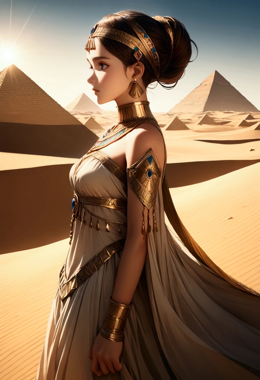 score 9, sorce photo, from side, a young princess in egyptian style dress, looking up at the pyramids, clear blue sky, Very strong sunlight, endless desert, camel caravan, hyper detailed, cinematic lighting, 8k, highly detailed face and eyes, intricate ornate jewelry, flowing fabric, masterpiece, 