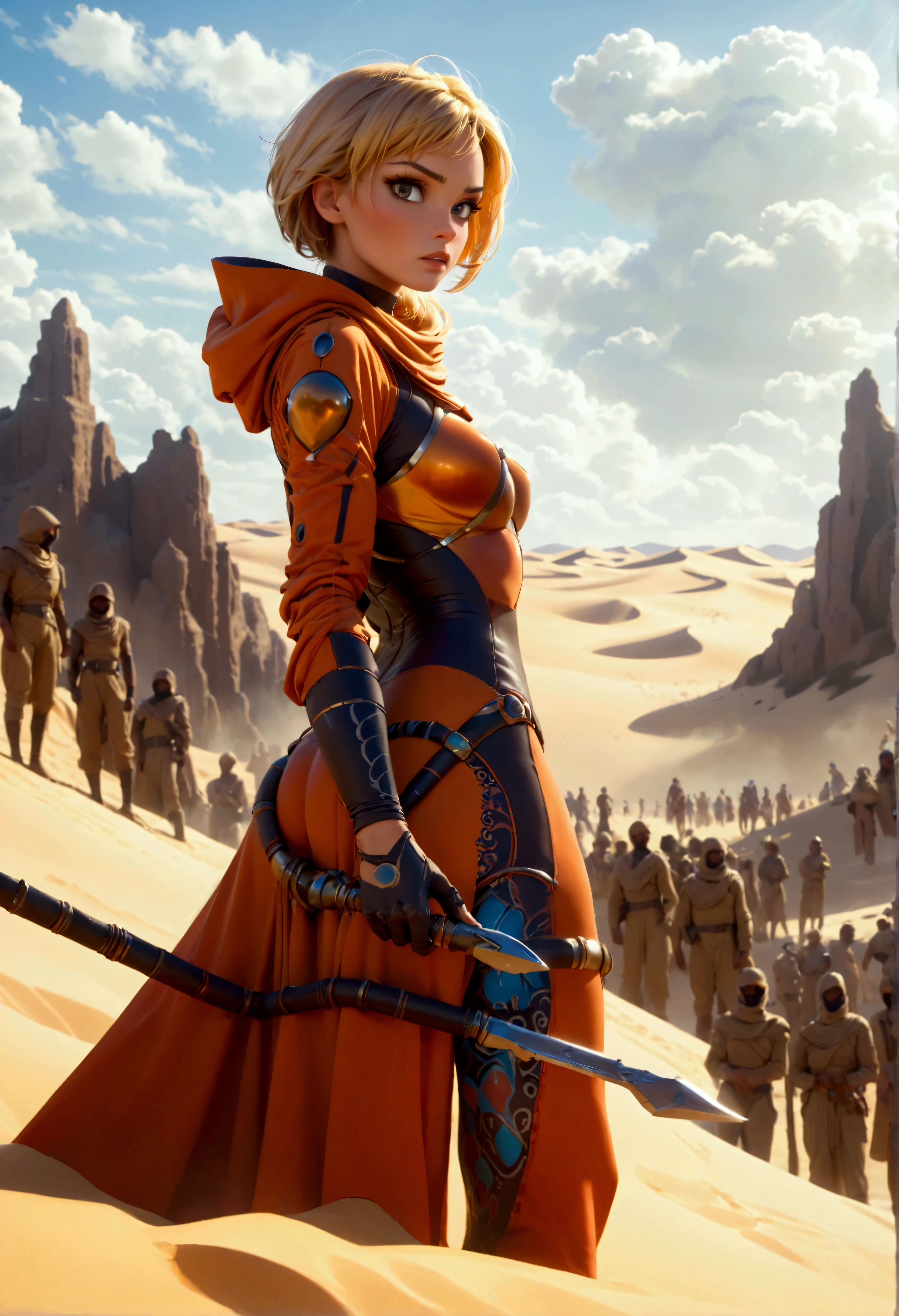 a beautiful woman with blonde hair wearing a sci-fi dune stillsuit, standing on top of a sand dune holding a dagger, 100s of tribal rebels watching her, cinematic lighting, hyper realistic, dramatic, intricate details, volumetric fog, warm color palette, epic scale, dramatic posing, chiaroscuro lighting, highly detailed, masterpiece, best quality, 8k
