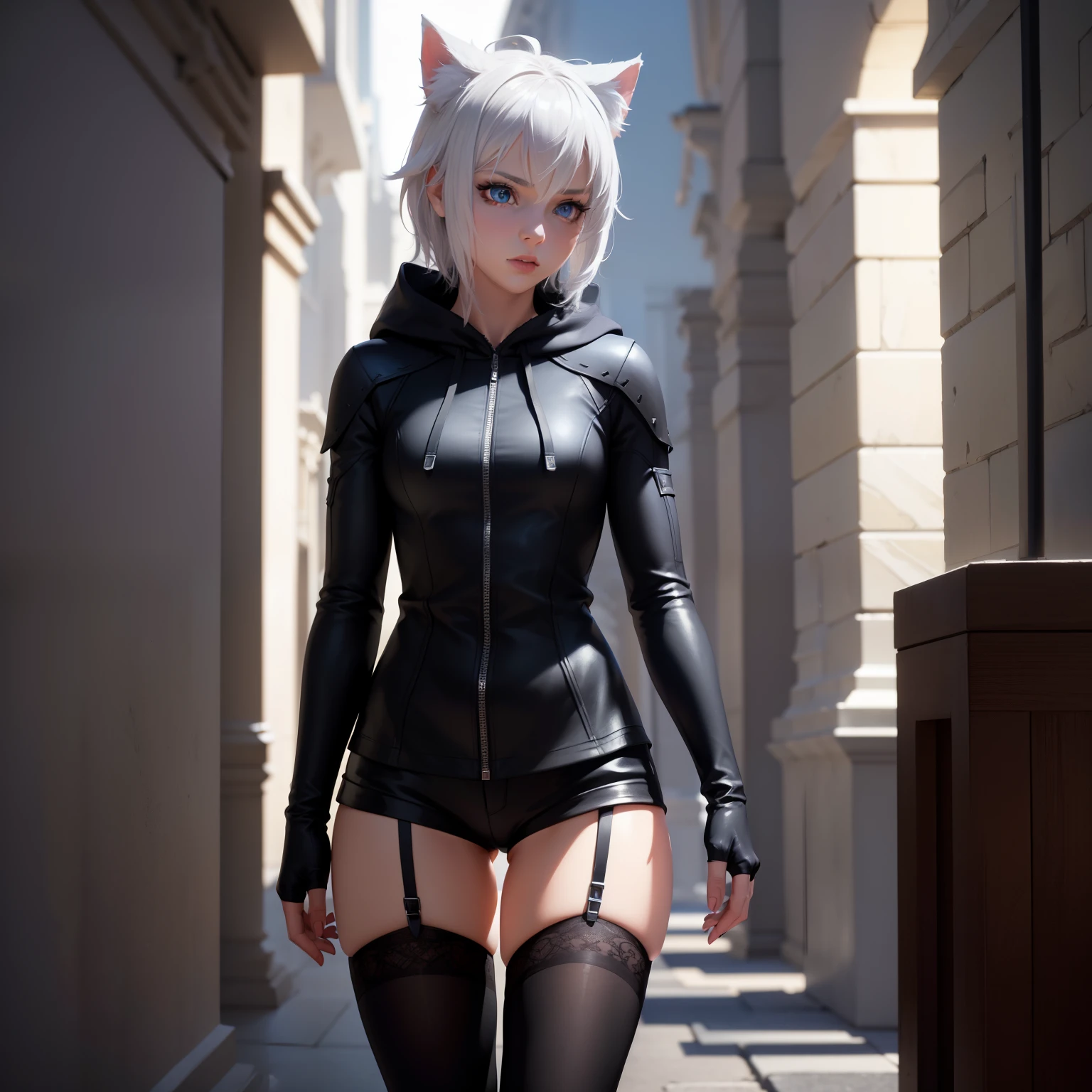 1 girl, character with cat ears, silver hair, short hair, beautiful detailed eyes, beautiful detailed lips, extremely detailed eyes and face, long eyelashes, wearing black hooded outfit, thigh-high stockings, garters, short shorts, (best quality,4k,8k,highres,masterpiece:1.2),ultra-detailed,(realistic,photorealistic,photo-realistic:1.37),concept art, fantasy, cinematic lighting, dramatic shadows You decided to wear a hoodie and covered your body, hiding yourself Rey 