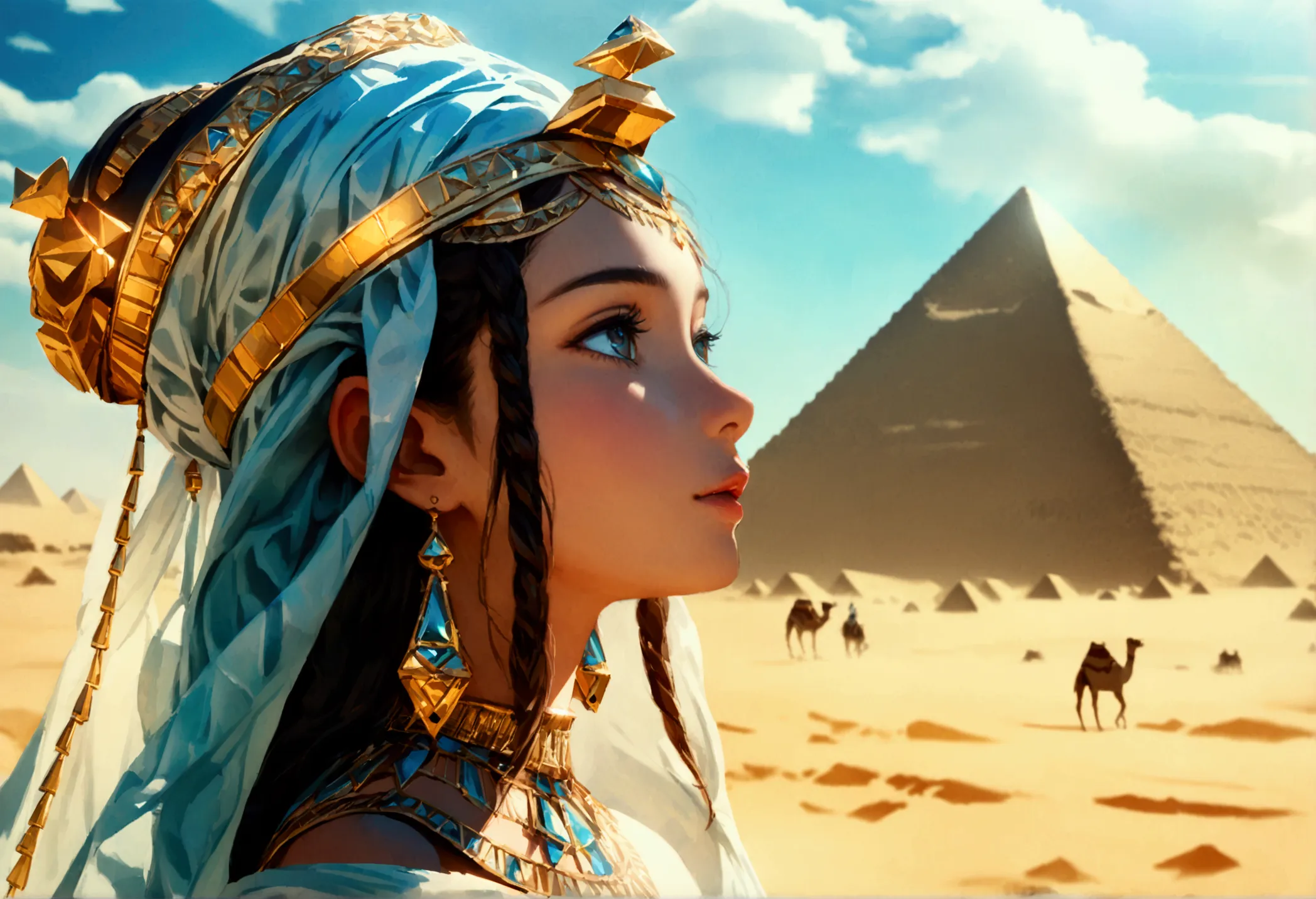 score 9, sorce photo, from side, a young princess in egyptian style dress, looking up at the pyramids, one hand up, clear blue s...