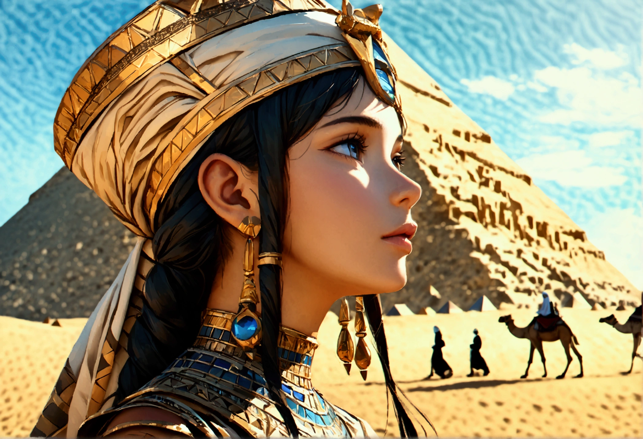 score 9, sorce photo, from side, a young princess in egyptian style dress, looking up at the pyramids, one hand up, clear blue sky, Very strong sunlight, endless desert, camel caravan, hyper detailed, cinematic lighting, 8k, highly detailed face and eyes, intricate ornate jewelry, flowing fabric, masterpiece, 