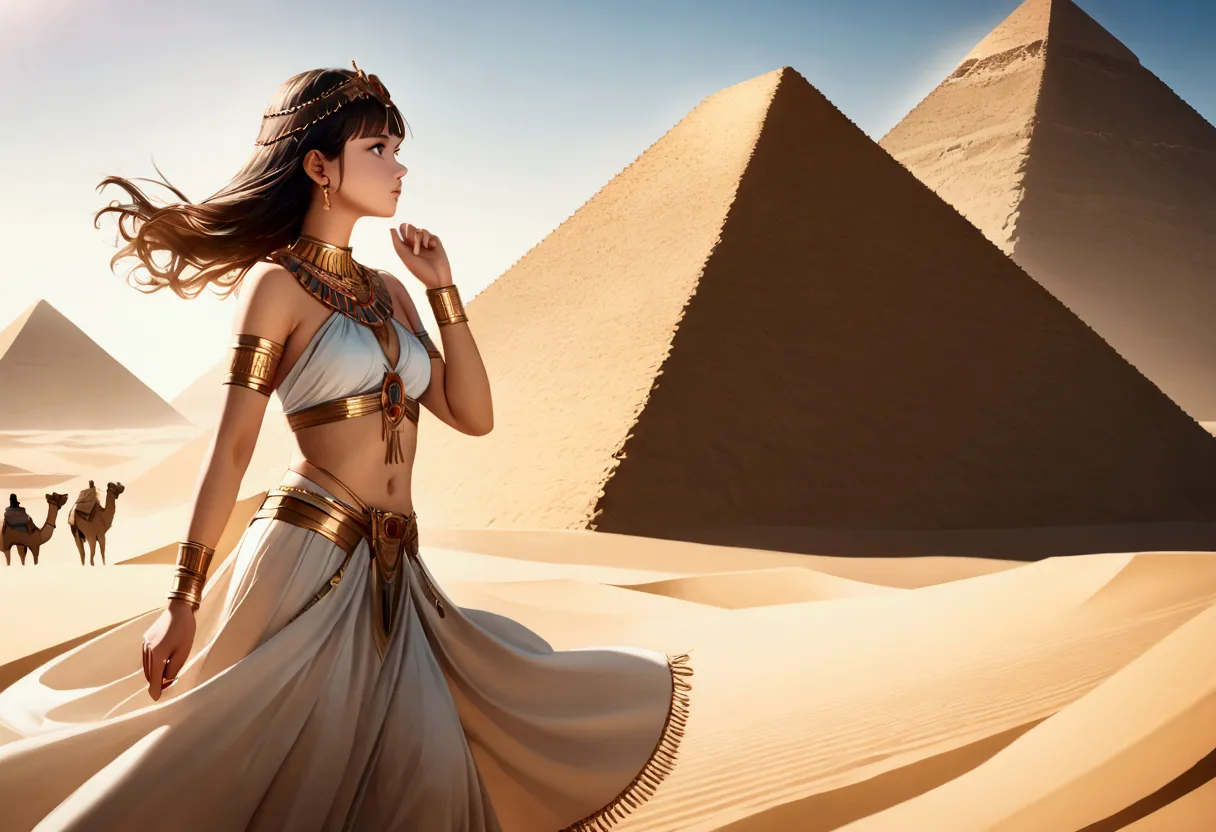 score 9, sorce photo, from side, a young princess in egyptian style dress, looking up at the pyramids, one hand up, clear blue s...