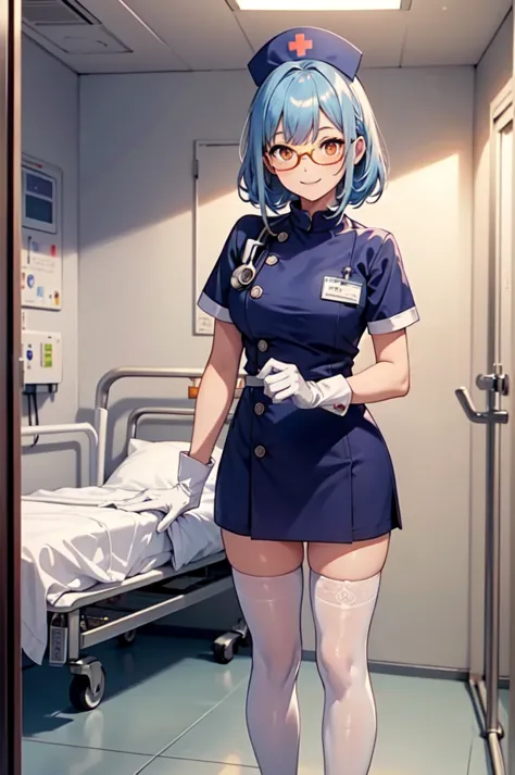 1girl, solo, nurse, nurse cap, white nurse uniform, ((white legwear, zettai ryouiki)), white gloves, glasses, blue hair, orange ...