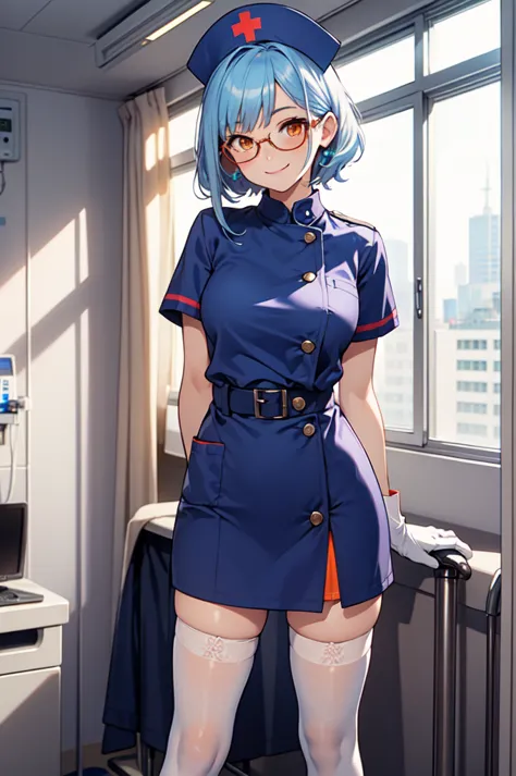 1girl, solo, nurse, nurse cap, white nurse uniform, ((white legwear, zettai ryouiki)), white gloves, glasses, blue hair, orange ...