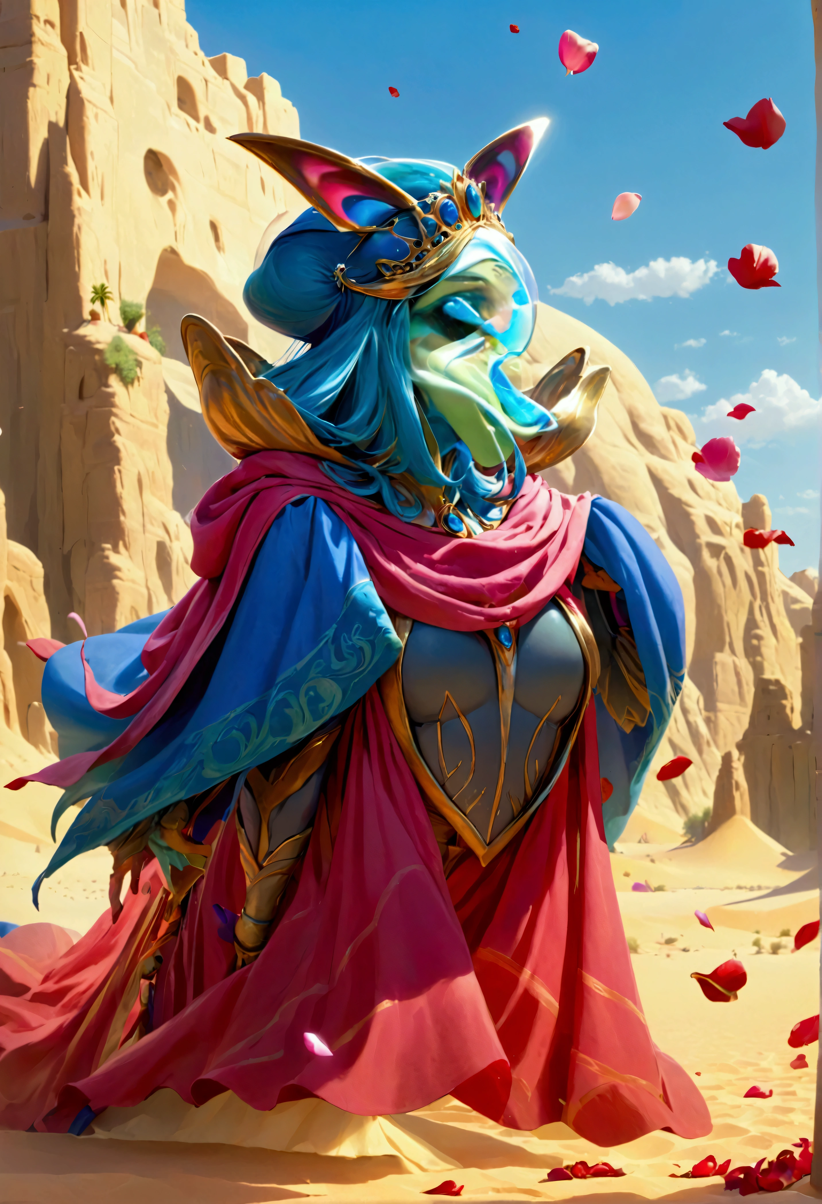 A huge blue-green female Huttese alien with a broad mouth, royal tiara, and sheer colorful cloak riding on a hover barge through a desert, with slaves tossing flower petals, cinematic lighting, Highly detailed, photorealistic, 8K, best quality, masterpiece