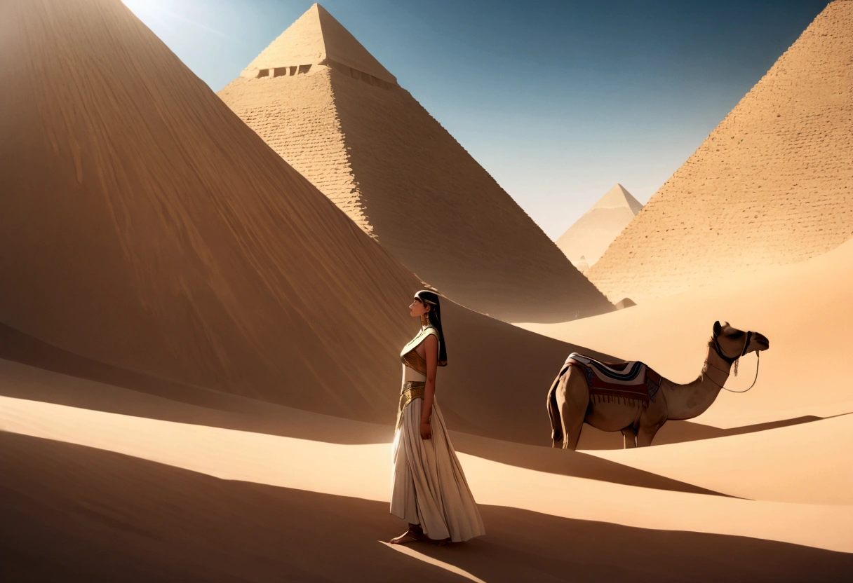 score 9, sorce photo, from side, wide shot, a young gay princess in egyptian style dress, looking up at the pyramids, one hand up, clear blue sky, Very strong sunlight, endless desert, camel caravan, hyper detailed, cinematic lighting, 8k, highly detailed face and eyes, intricate ornate jewelry, flowing fabric, masterpiece, 