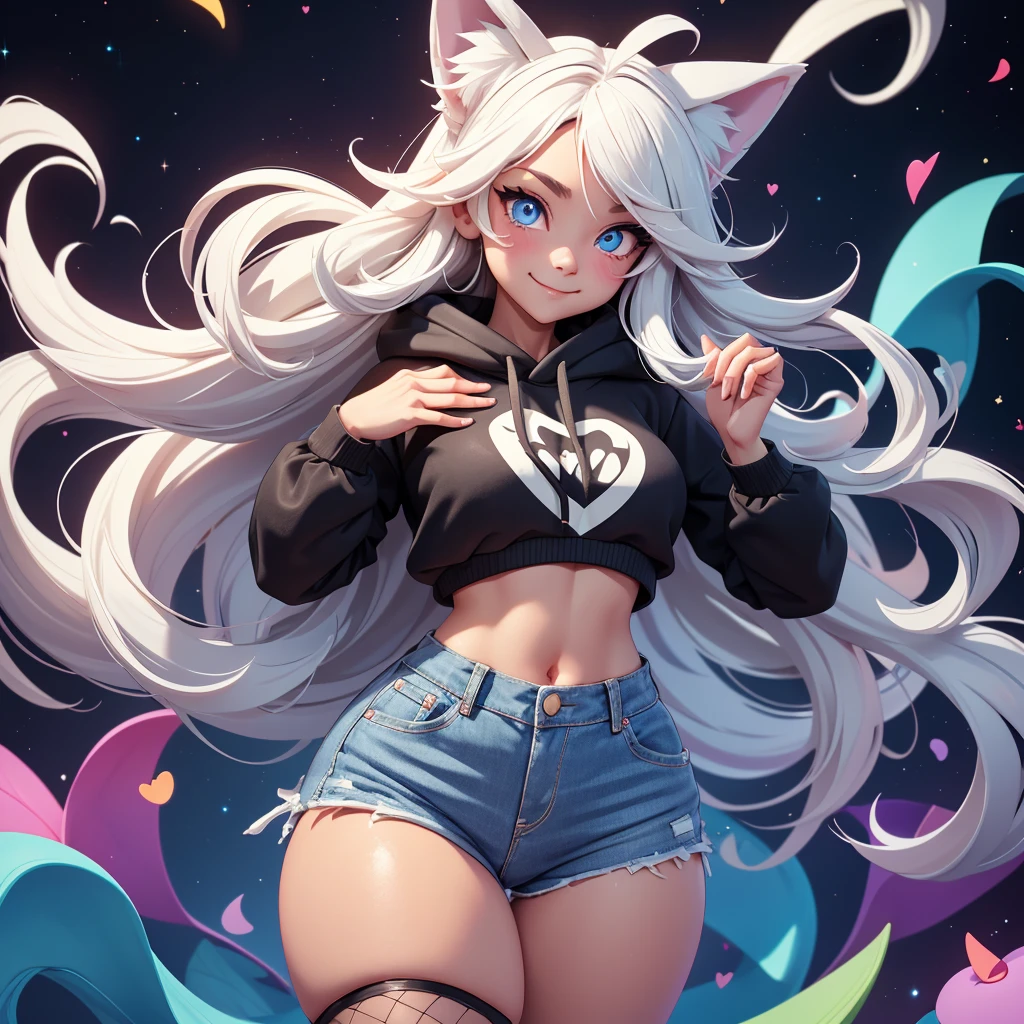 a cute adult male with wolf ears, long white hair, long locks, has a wolf tail, wearing a loose cropped black hoodie, wearing a pair of denim short shorts and fishnet stockings, thick thighs, wide hips, short, showing slender tummy, heart on hoodie, squishy thighs, has glowing blue eyes. alone, solo (ALONE)(SOLO), surrounded by rainbows, colorful galaxy backround, smiling, ontop of a pile of fluffy plushes, plushies everywhere, kawaii plushies, surrounded by bubbles, surrounded by rainbow leaves, standing up dancing, thicc thighs, has giant ears