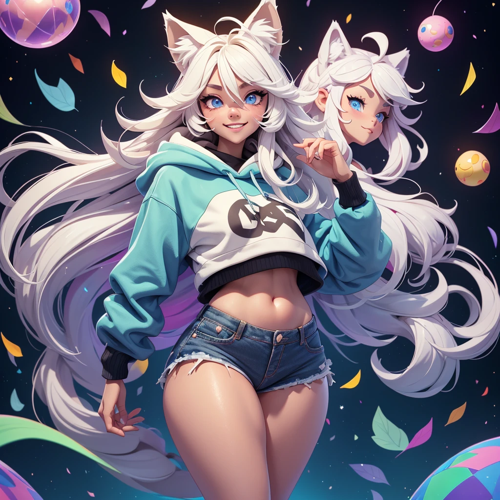 a cute adult male with wolf ears, long white hair, long locks, has a wolf tail, wearing a loose cropped black hoodie, wearing a pair of denim short shorts and fishnet stockings, thick thighs, wide hips, short, showing slender tummy, heart on hoodie, squishy thighs, has glowing blue eyes. alone, solo (ALONE)(SOLO), surrounded by rainbows, colorful galaxy backround, smiling, ontop of a pile of fluffy plushes, plushies everywhere, kawaii plushies, surrounded by bubbles, surrounded by rainbow leaves, standing up dancing, thicc thighs, has giant ears