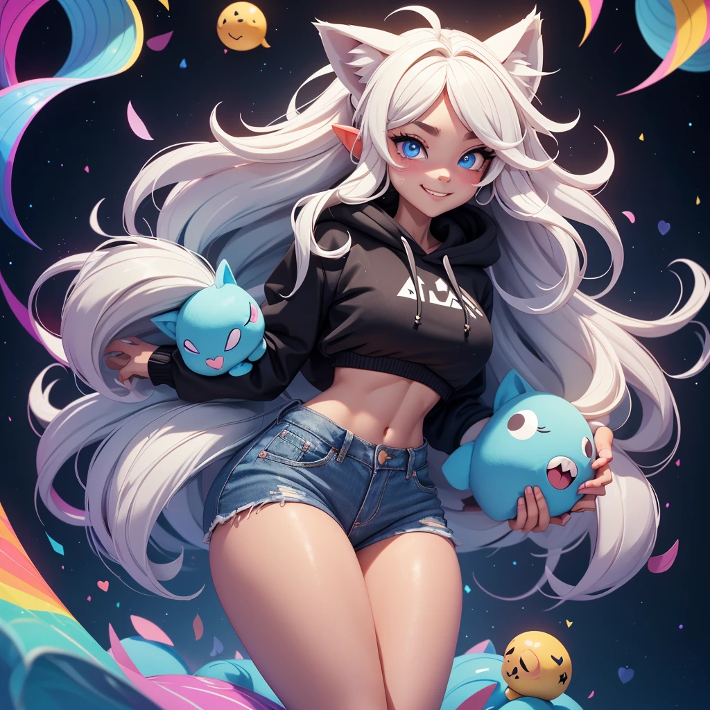 a cute adult male with wolf ears, long white hair, long locks, has a wolf tail, wearing a loose cropped black hoodie, wearing a pair of denim short shorts and fishnet stockings, thick thighs, wide hips, short, showing slender tummy, heart on hoodie, squishy thighs, has glowing blue eyes. alone, solo (ALONE)(SOLO), surrounded by rainbows, colorful galaxy backround, smiling, ontop of a pile of fluffy plushes, plushies everywhere, kawaii plushies, surrounded by bubbles, surrounded by rainbow leaves, standing up dancing, thicc thighs, has giant ears