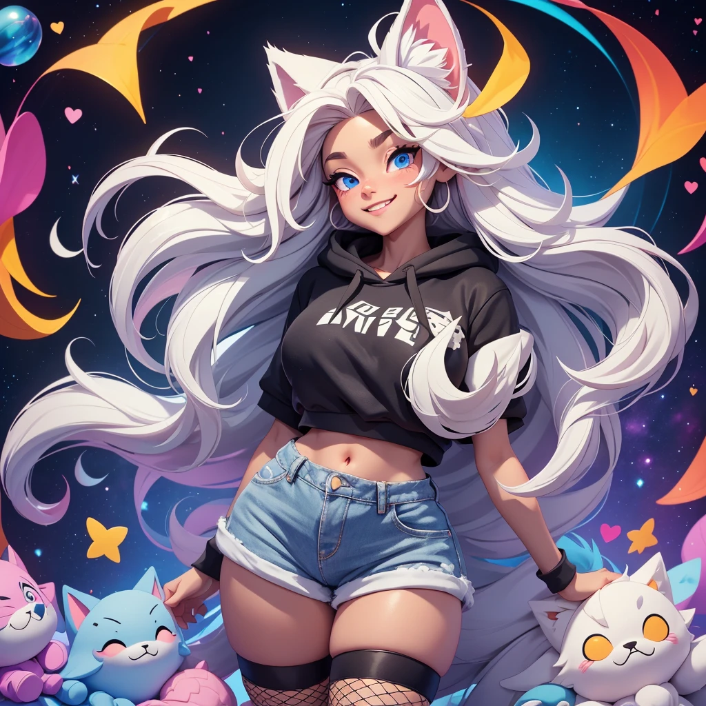 a cute adult male with wolf ears, long white hair, long locks, has a wolf tail, wearing a loose cropped black hoodie, wearing a pair of denim short shorts and fishnet stockings, thick thighs, wide hips, short, showing slender tummy, heart on hoodie, squishy thighs, has glowing blue eyes. alone, solo (ALONE)(SOLO), surrounded by rainbows, colorful galaxy backround, smiling, ontop of a pile of fluffy plushes, plushies everywhere, kawaii plushies, surrounded by bubbles, surrounded by rainbow leaves, standing up dancing, thicc thighs, has giant ears