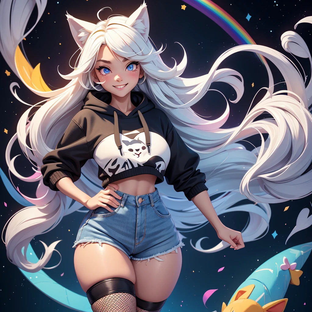 a cute adult male with wolf ears, long white hair, long locks, has a wolf tail, wearing a loose cropped black hoodie, wearing a pair of denim short shorts and fishnet stockings, thick thighs, wide hips, short, showing slender tummy, heart on hoodie, squishy thighs, has glowing blue eyes. alone, solo (ALONE)(SOLO), surrounded by rainbows, colorful galaxy backround, smiling, ontop of a pile of fluffy plushes, plushies everywhere, kawaii plushies, surrounded by bubbles, surrounded by rainbow leaves, standing up dancing, thicc thighs, has giant ears