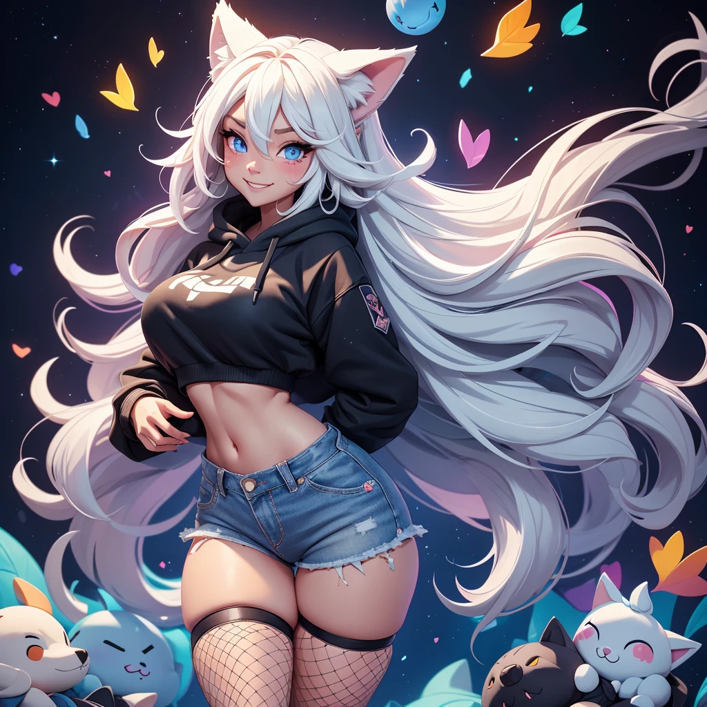 a cute adult male with wolf ears, long white hair, long locks, has a wolf tail, wearing a loose cropped black hoodie, wearing a pair of denim short shorts and fishnet stockings, thick thighs, wide hips, short, showing slender tummy, heart on hoodie, squishy thighs, has glowing blue eyes. alone, solo (ALONE)(SOLO), surrounded by rainbows, colorful galaxy backround, smiling, ontop of a pile of fluffy plushes, plushies everywhere, kawaii plushies, surrounded by bubbles, surrounded by rainbow leaves, standing up dancing, thicc thighs, has giant ears