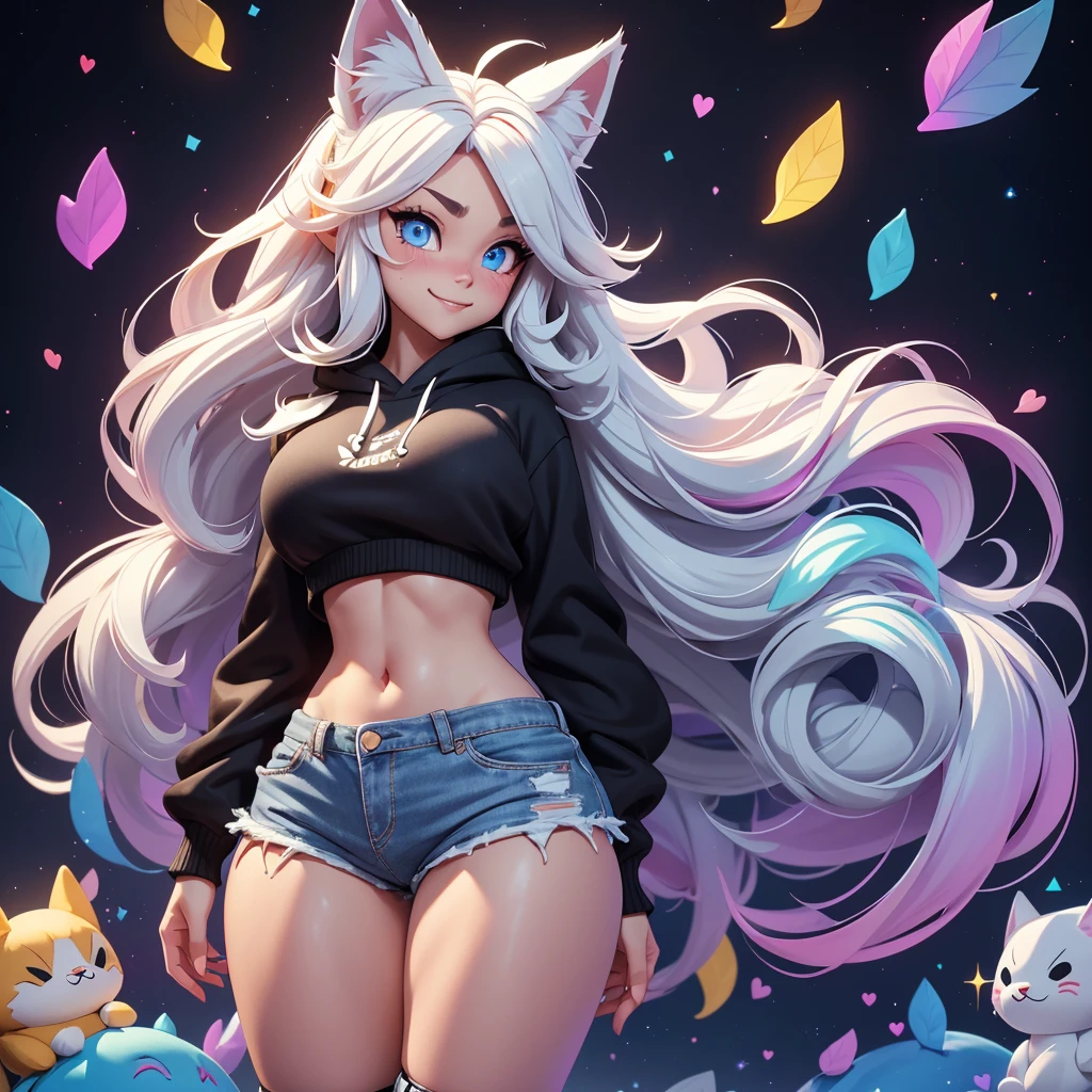 a cute adult male with wolf ears, long white hair, long locks, has a wolf tail, wearing a loose cropped black hoodie, wearing a pair of denim short shorts and fishnet stockings, thick thighs, wide hips, short, showing slender tummy, heart on hoodie, squishy thighs, has glowing blue eyes. alone, solo (ALONE)(SOLO), surrounded by rainbows, colorful galaxy backround, smiling, ontop of a pile of fluffy plushes, plushies everywhere, kawaii plushies, surrounded by bubbles, surrounded by rainbow leaves, standing up dancing, thicc thighs, has giant ears