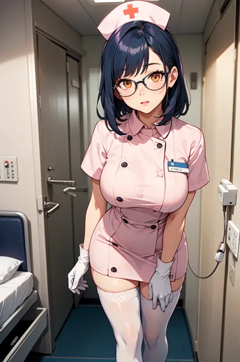 1woman, solo, nurse, white nurse cap, white nurse uniform, ((white legwear, zettai ryouiki)), white gloves, glasses, blue hair, ...