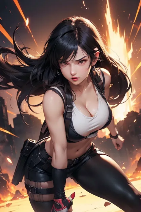 (((full and soft breasts,)))(((huge breasts))) (((cleavage))) (perfect curvy figure)tifa lockheart, sweat, extremely meticulous ...