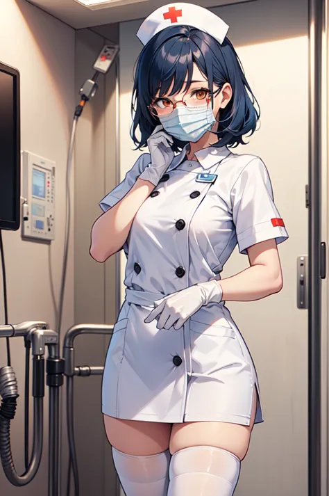 1woman, solo, nurse, white nurse cap, white nurse uniform, ((white legwear, zettai ryouiki)), white gloves, glasses, blue hair, ...