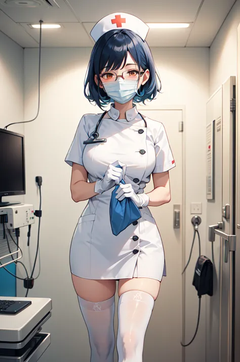 1woman, solo, nurse, white nurse cap, white nurse uniform, ((white legwear, zettai ryouiki)), white gloves, glasses, blue hair, ...