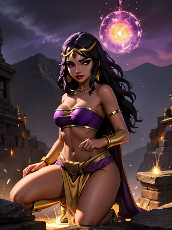 (best quality:1.3), (4K quality),masterpiece, best quality, high res, detailed, (Detailed face:1.2), (Detailed eyes:1.2), (Perfect figure:1.2), Fantasy style, Fantasy environment, solo, 1girl, BREAK 25 year old woman, sorceress, (Dark skin:1.5), purple hair, wavy hair, long hair, purple eyes, mascaras purple eyeshadow, smile, purple lipstick, covered in tattoos, medium breasts, waist, slender legs, attractive body, slim figure, perfect shape, (Wearing: golden headband, purple strapless top, purple loincloth, pelvic curtain, golden armlets, golden knee-high boots:1.3), BREAK highly detailed costume with intricate designs, looking at viewer, she's looking at the camera with an thrilled and confident smile, both hands glowing bright purple, purple magic, bright purple sparks in both hands, expressive expression, dark and mysterious aura, complex eye makeup, mystical energy radiating from her hands, electric purple orbs swirling around her, beautifully contoured face, fierce and confident posture, dark and dramatic lighting, vivid colors, intense purple and magenta color palette, individual spheres spinning at different speeds, translucent orbs emitting purple sparks, tracing of rays throughout the scene, illuminating the woman's silhouette with a mesmerizing glow, breathtaking visual effects, captivating and enchanting portrait, impressive level of detail in the woman's eyes and expression, attention to every intricate detail, BREAK (Night time, outdoors, stone temple, stone structures in the surroundings, dark clouds in the sky, purple lighting, gorgeous view of the mountainous valley)
