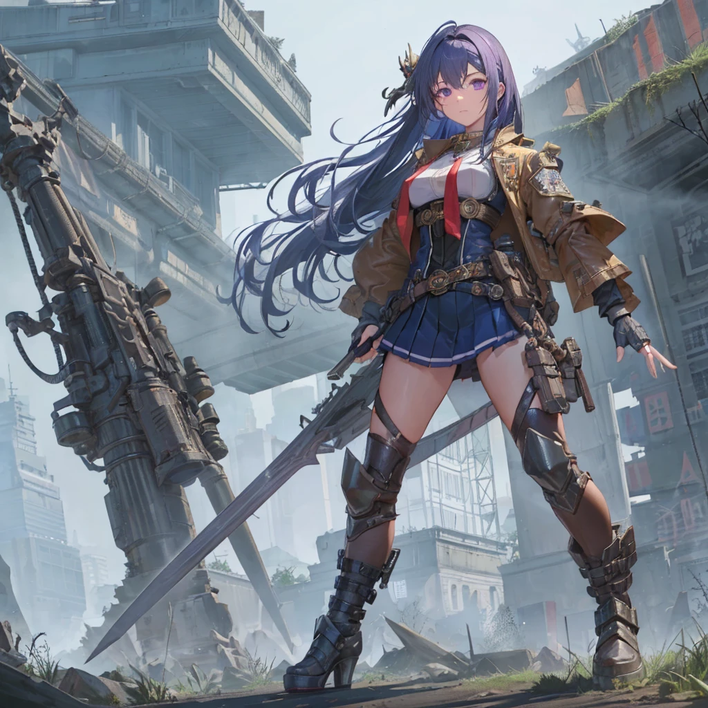 (table top, highest quality), (perfect athletic body:1.2), (thin hair), Super detailed,detailed facial,perfect face, Precise detail depiction,whole body, steampunk samurai girl, high school student,red tattoo on thigh,blackいセーラー服（cyberpunk mask、black,Jacket,Dock Tags,pleated skirt）,18-year-old,long hairstyles, purple eyes, Wield a giant sword, standing in the wilderness, flying sparks,destroyed wall,wear high-tech boots,high heels, equip the gauntlet（five fingers,Detailed depiction of fingers,Basketball Hand,fingertip drawing）,8K high resolution, trend art station, standing in the wilderness, take a pose
