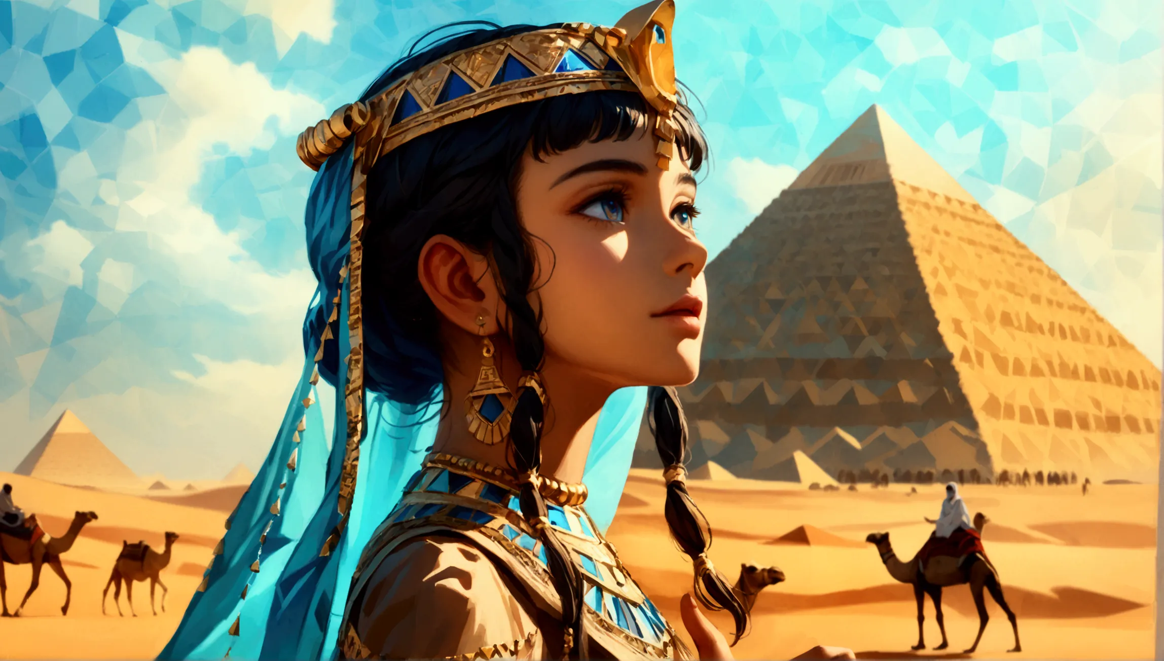 score 9, sorce photo, from side, wide shot, a young gay princess in egyptian style dress, looking up at the pyramids, one hand u...