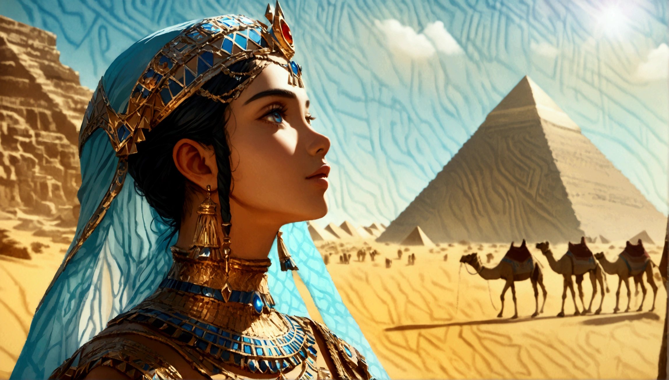 score 9, sorce photo, from side, wide shot, a young gay princess in egyptian style dress, looking up at the pyramids, one hand up, clear blue sky, Very strong sunlight, endless desert, camel caravan, hyper detailed, cinematic lighting, 8k, highly detailed face and eyes, intricate ornate jewelry, flowing fabric, masterpiece, 